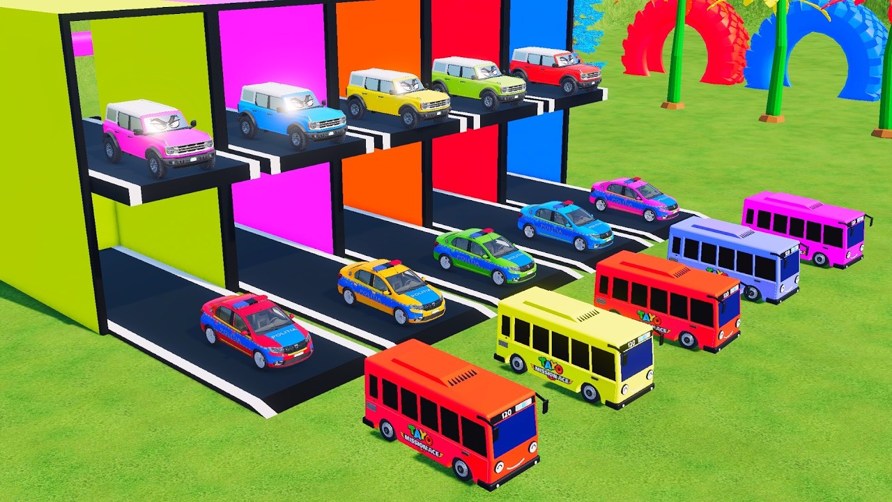 Garage with Colors - ALL MIXER TRUCK WITH DOUBLE FLATBED TRAILER TRUCK, MACK, LIZARD, CAT, VOLVO