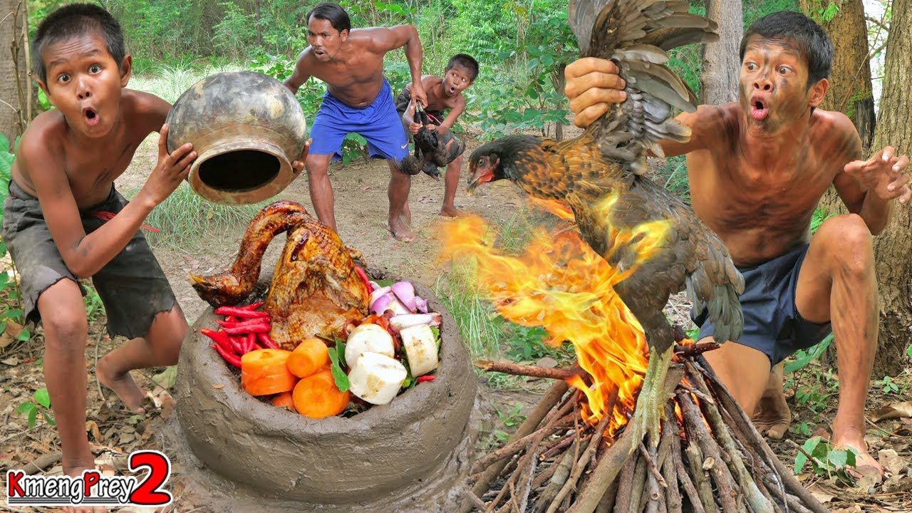 Primitive Eating Primitive Technology - Cooking Chicken eating delicious - Kmeng Preyll ...