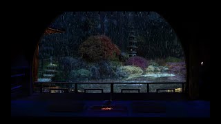 Heavy Rain On An Old Ryokan In Japan With A Zen Garden At Night, For Sleep, Study, Relaxation, ASMR