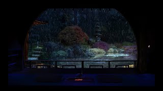 Heavy Rain On An Old Ryokan In Japan With A Zen Garden At Night, For Sleep, Study, Relaxation, Asmr