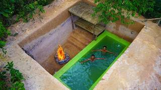 2 Man Dig Tunnel Build a Jungle Wooden Hut Underground With Private Pool