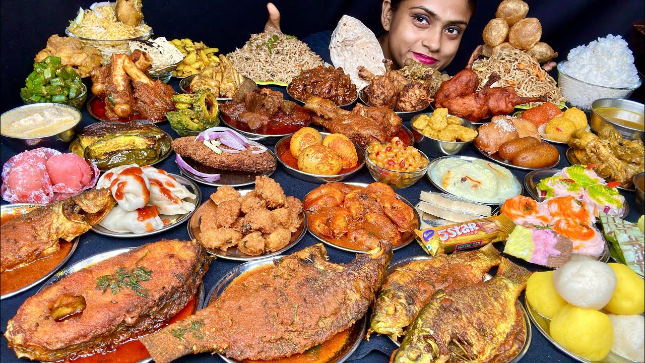 Eating 50 Item Fried Rice Chilli Chicken Chowmein Momo Biryani Golgappa Dal Chawal Prawn Egg Fish