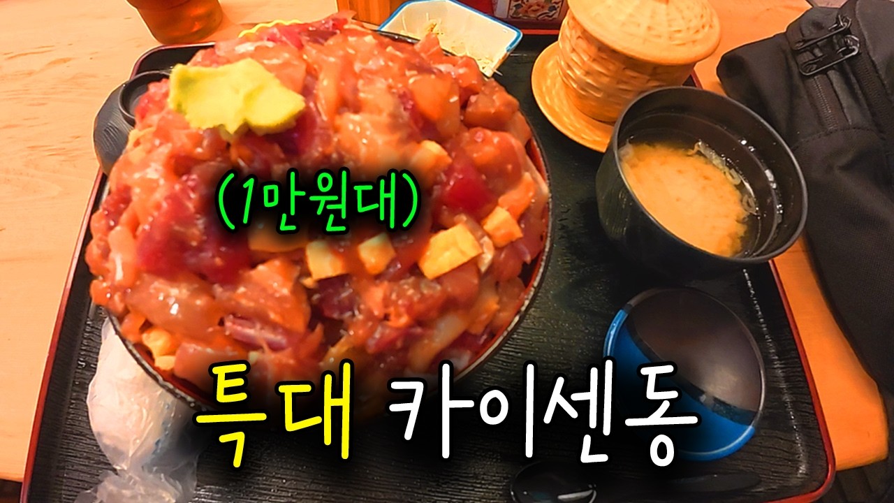 일본에서 1kg 넘는 특대 카이센동 먹어보기 - YouTube