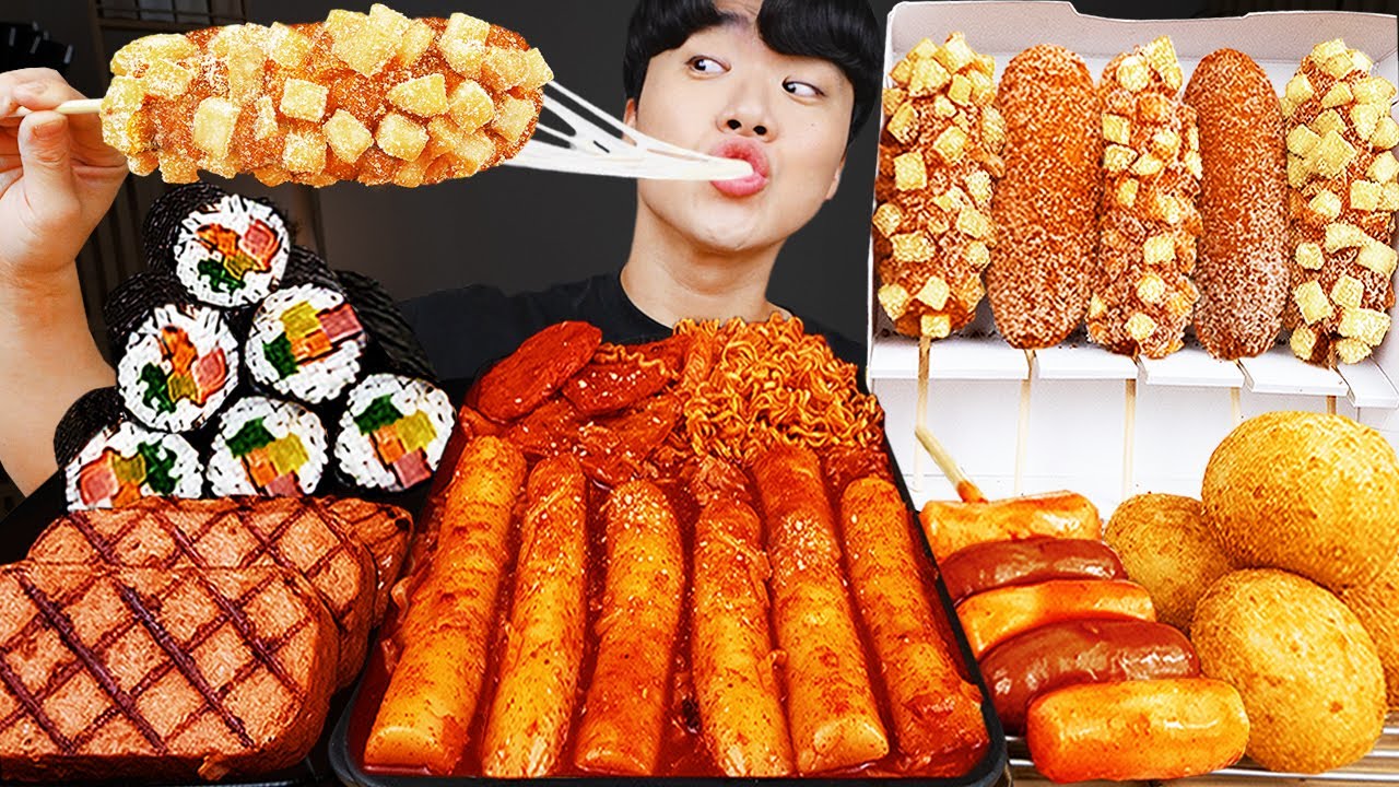 ASMR MUKBANG | РИСОВЫЙ ТОРТ, острая лапша, кимбап, ветчина рецепт ! принимать пищу