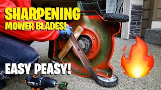 sharpening lawn mower blades with guide & stone! fast easy way to sharpen blades without a grinder!