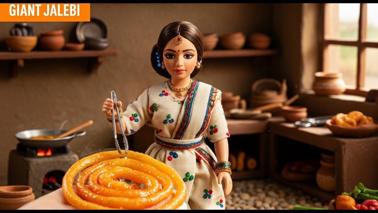 Miniature Doll Makes Traditional Giant Jalebi | Indian Village Tiny Kitchen ASMR  