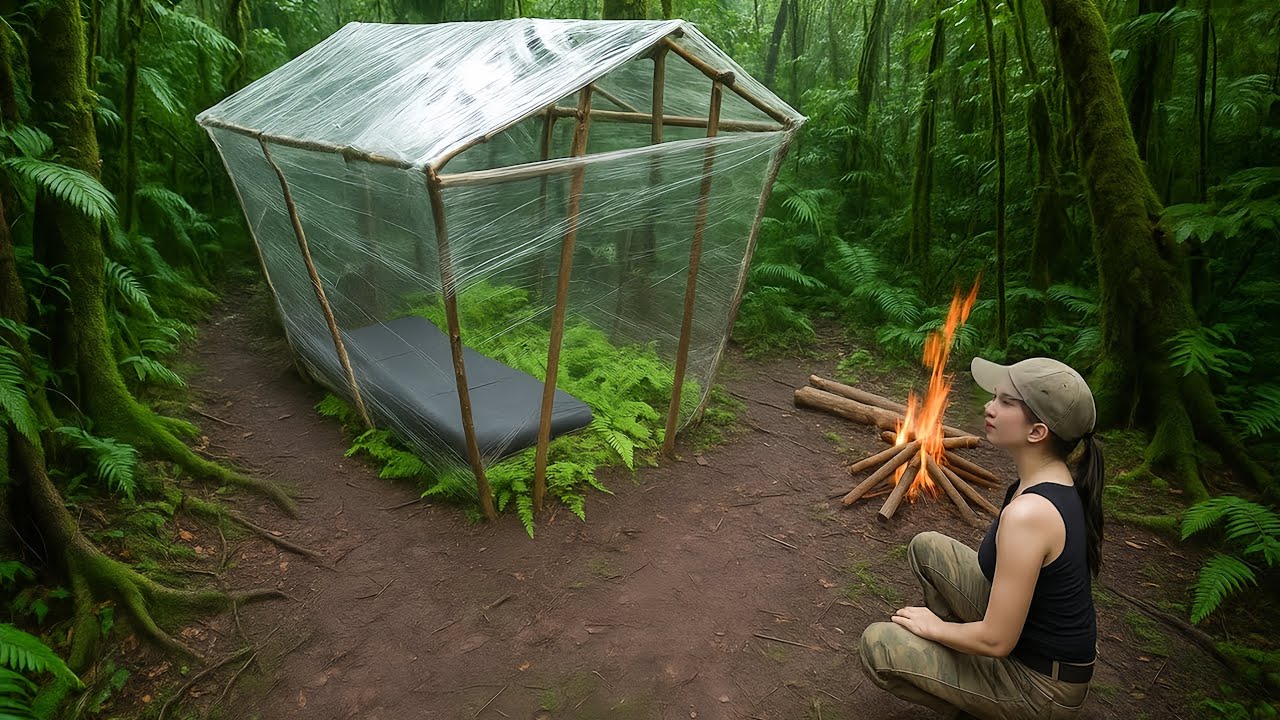 Building Survival Plastic Bushcraft Shelter in the Wild | Alone ...