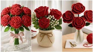 Handmade Crochet Red Rose Flowers Heads With Leaves Red Rose Applique For DIY Bouquets 