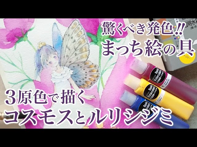 画材紹介】まっち透明水彩絵具 / 3原色セットで描く / コスモスと