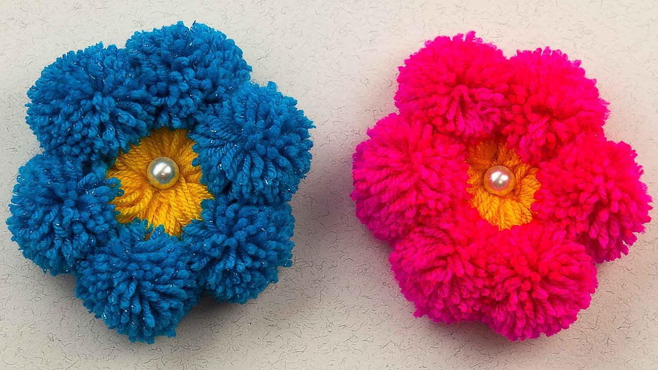 How to make a Pompom Flower | Yarn Flowers| Beautiful Pom Pom Flower ...