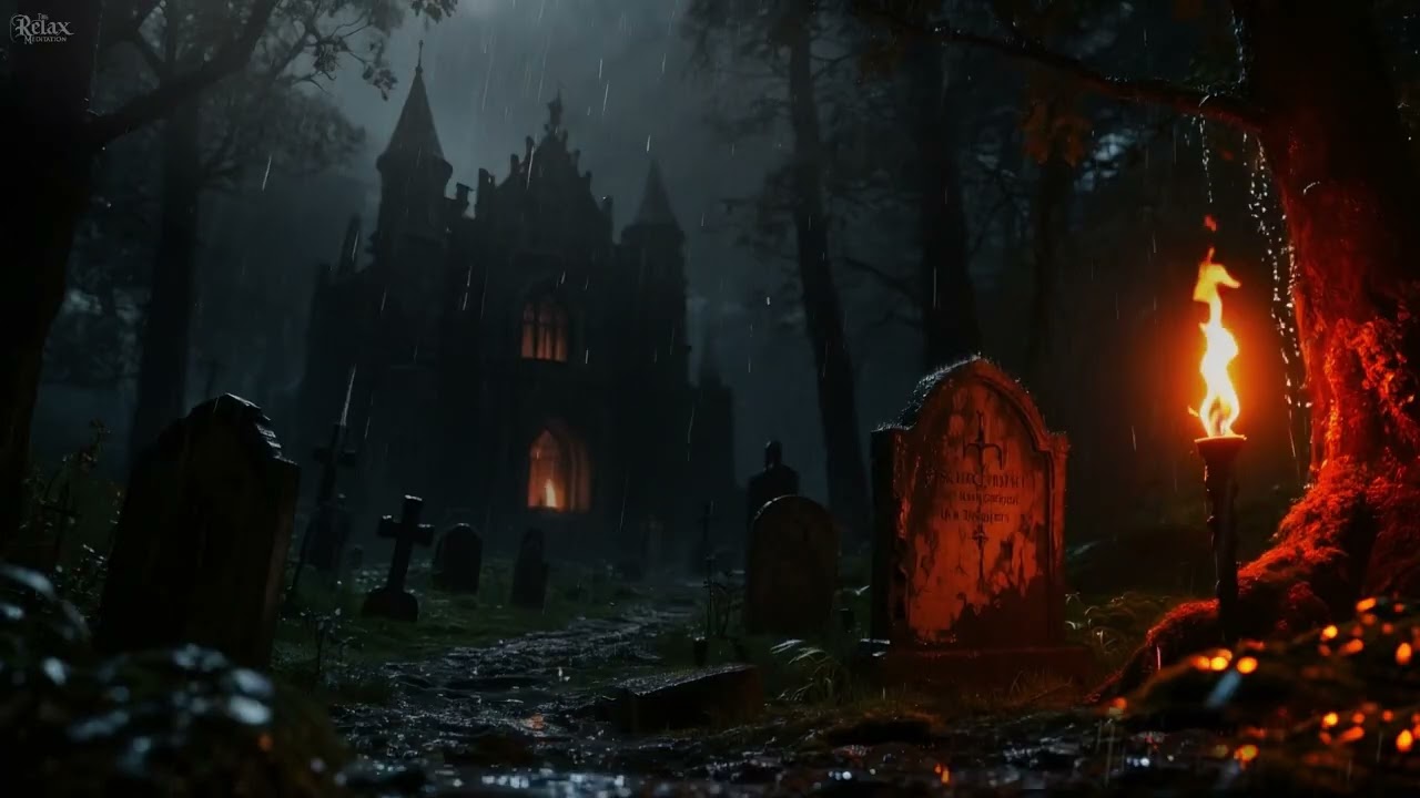 CALM Night in a HAUNTED Forest Cemetery  Fire, Rain & Spooky Nature Sounds for Deep Sleep 10 H