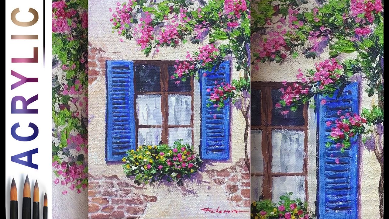 アクリル画　窓　　1201 Window with blue shutters. How to paint landscape 🎨ACRYLIC