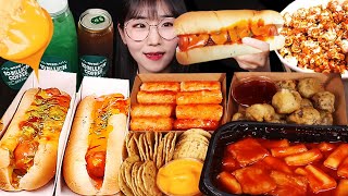 ASMR 칠리치즈핫도그 매콤떡볶이 순대강정 떡강정 나쵸 디핑소스 카라멜팝콘 백억커피 먹방 Chili Hot Dog Tteokbokki Sundae Mukbang