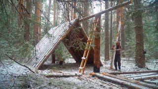 ฉันกำลังสร้างกระท่อมไม้ซุงขนาดใหญ่ที่ห่างไกลจากอารยธรรม น้ำเบิร์ช หิมะตก