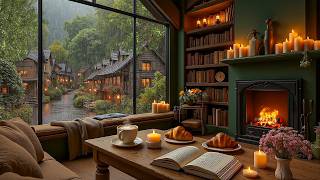 Peaceful Rain Coffeehouse ☕🌿 Soft Instrumental Jazz & Cozy Fireplace for Study and Work