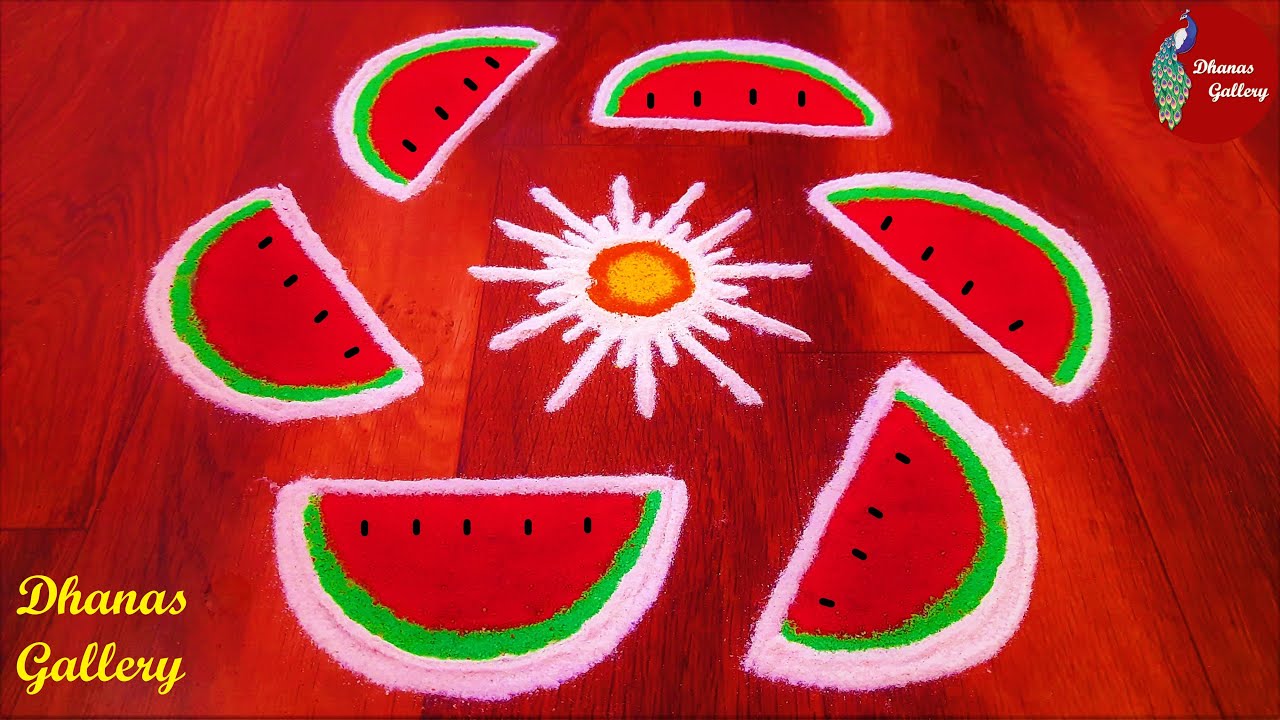 Creative Watermelon Rangoli with Dots|Summer Special Fruits Kolam|How to Draw Colourful Fruits Muggu