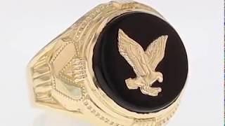Solid Yellow Gold 14mm Round Onyx Eagle Mens Ring (JL#2093)