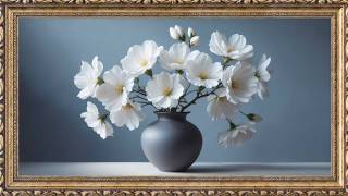 4K White Flower Still Life | Gold Frame Relaxing Floral Wall Art Ambience #011