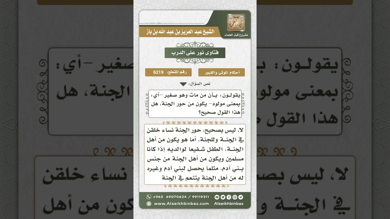 6219 - دعوى أن المولود إذا مات صار من حور الجنة  - نور على الدرب