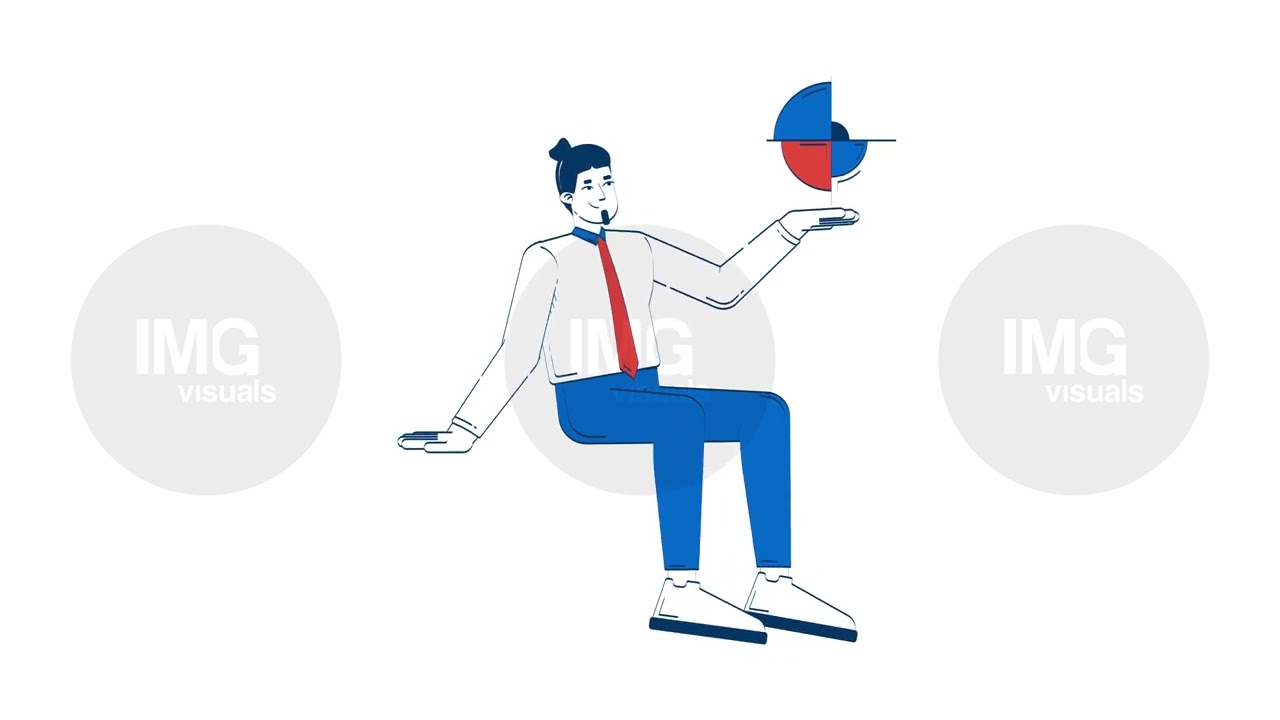 Corporate data analyst sitting and holding pie chart 2D character doodle animation