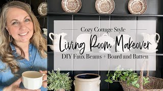 Cozy Cottage Style Living Room Makeover | DIY Faux Beams | 2024