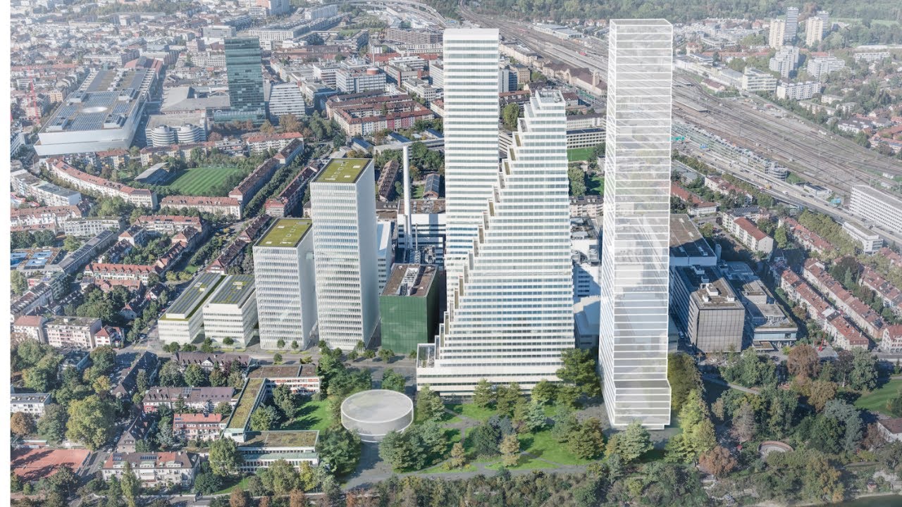 Hoffmann- La Roche Tower (HQ in Basel, Switzerland) and its surroundings.