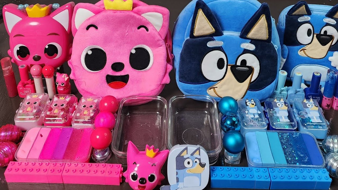 ASMR Clear Slime Mixing 💙💗 | Blue & Pink Eyeshadow + Glitter Charms (So Satisfying)