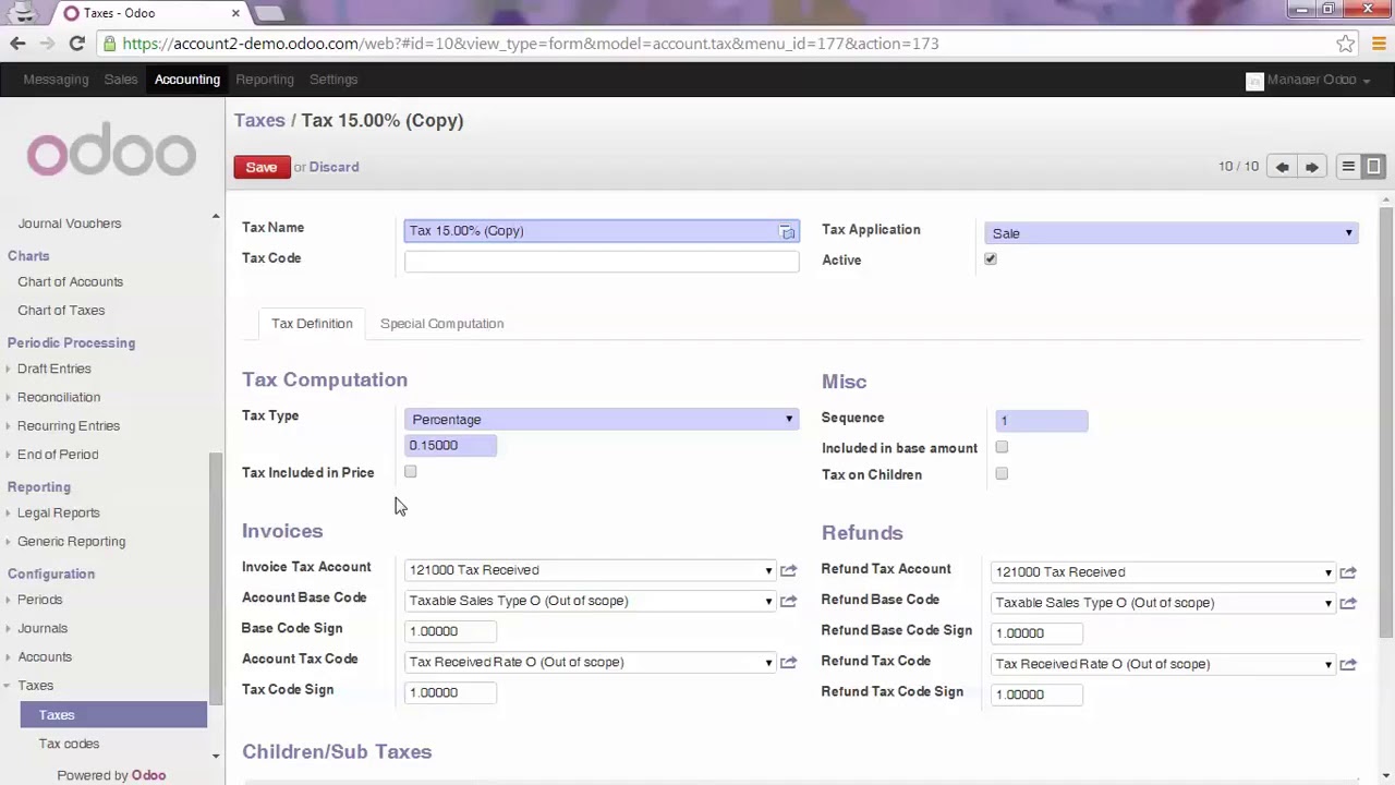 Odoo Accounting 6.3 Create a New Sales Tax - Quản lý thuế mua/bán