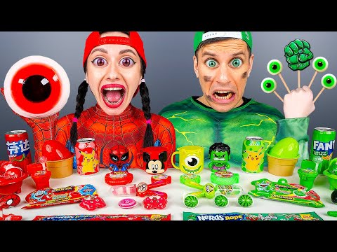 Green Food VS Red Food Challenge 레드 그린 푸드 챌린지 Hulk vs Spiderman Mukbang by HUBALAND