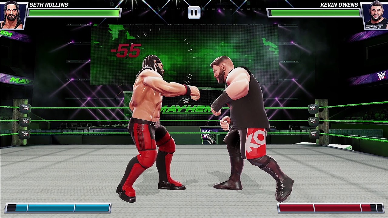 Gameplay snapshot of match between Seth Rollins and Kewin Owens in WWE MAYHEM