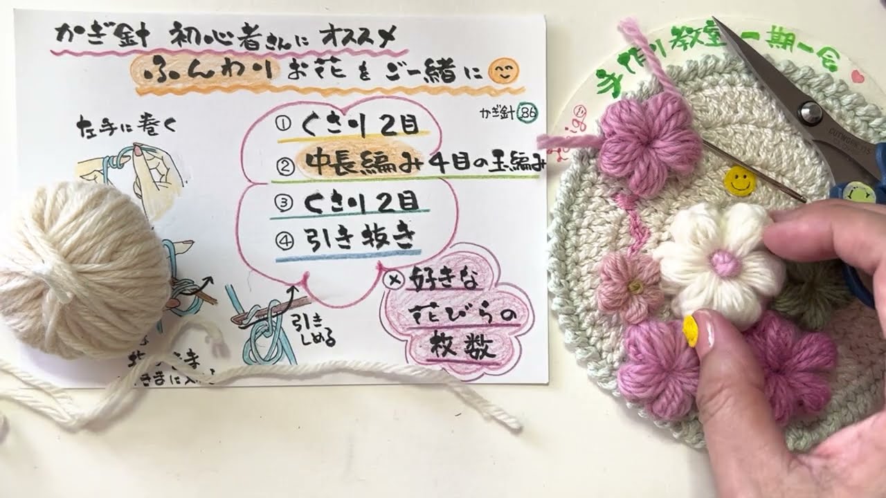 かぎ針86 初心者さんにもきっと編みやすいフワっとしたお花の編みかた