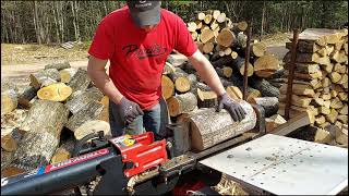 Making firewood cutting,splitting,and stacking