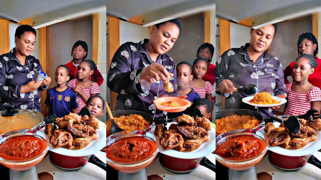 Угощаю свою семью рисом джоллоф с курицей и мороженым на ужин.