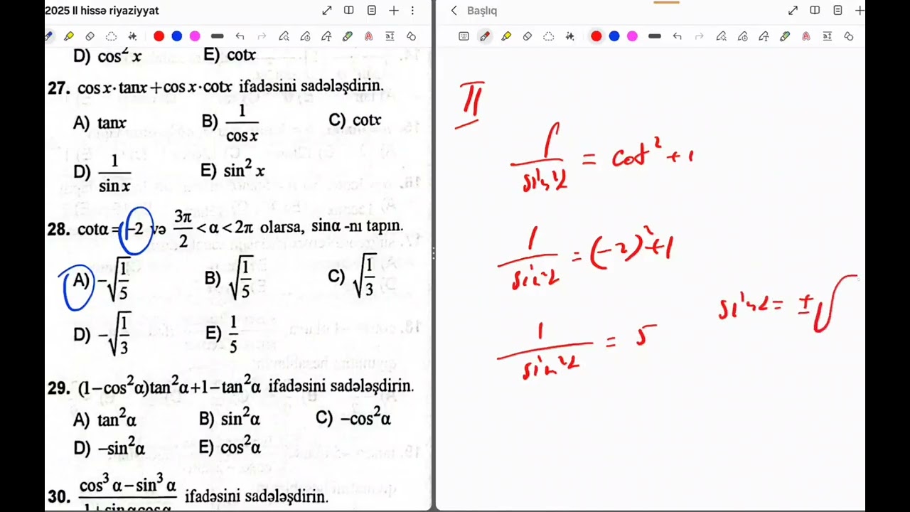 Triqonometriya əsas triqonometrik eyniliklər Riyaziyyat Dim 2-ci hissə 2025 1-78