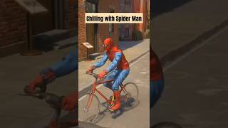 Chilling with Spider Man in bicycle