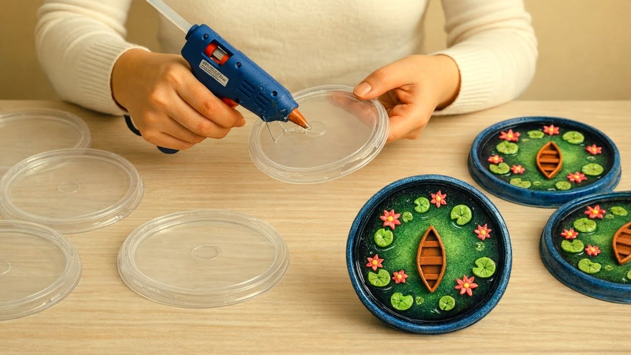 No resin! No clay! ✨️ Turn a Plastic Lid into a Beautiful Lotus Pond Craft 🪷 | Easy Recycled DIY