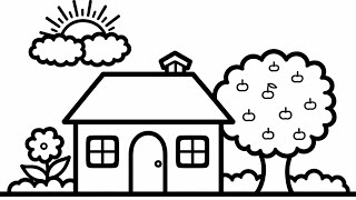 Easy House and Apple Tree Drawing for Kids | Simple Landscape Coloring Page