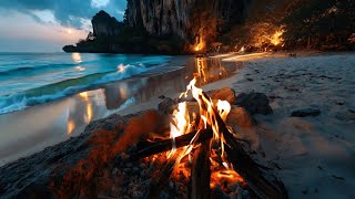 Peaceful Sunset on a Turquoise Beach with Soothing Ocean Waves and Crackling Fire ASMR
