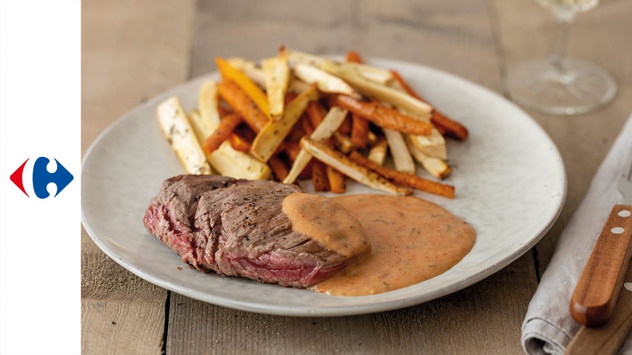 Steak à la sauce choron et frites de légumes YouTube