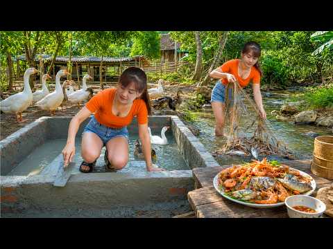 Amazing Goose Pool Build & Fishing Nets Cooking | بناء مسبح للإوز وجمع الشباك والطبخ