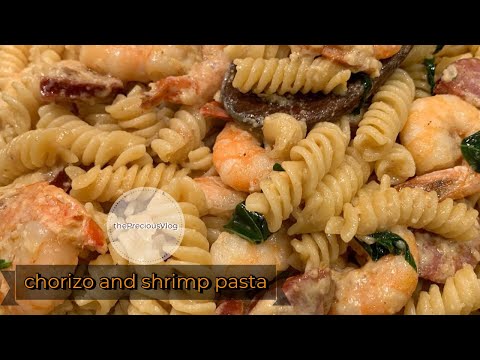 chorizo and shrimp in garlic parmesan cheese pasta