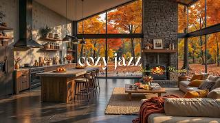 Warm Autumn Indoor Kitchen Ambience | Cozy Jazz Playlist, Crackling Fire to Calm Mind, Stress Relief