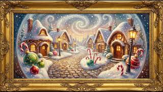 4K Whimsical Christmas Candy Village Painting | Magical Storybook Holiday Art in Golden Frame screenshot 3