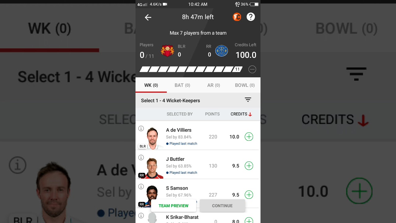 BLR VS RR dream11 team.