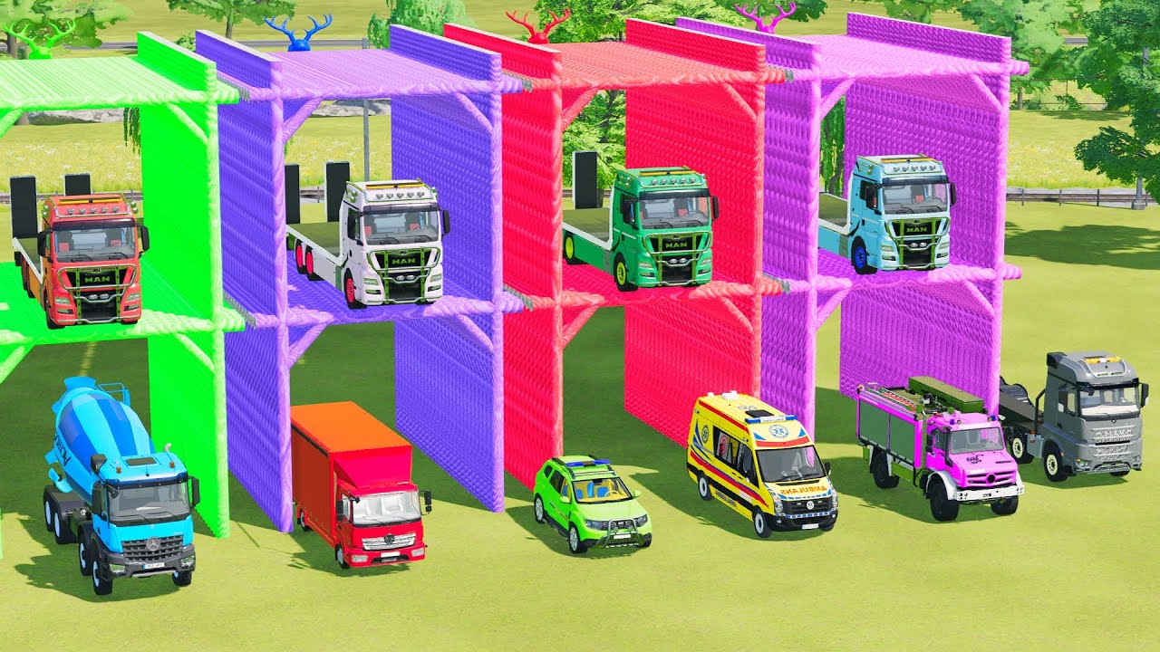 TRANSPORTING EXCAVATOR, MIXER TRUCK, WHEEL LOADER, POLICE CAR TO GARAGE WITH MAN TRUCK - FS22 608