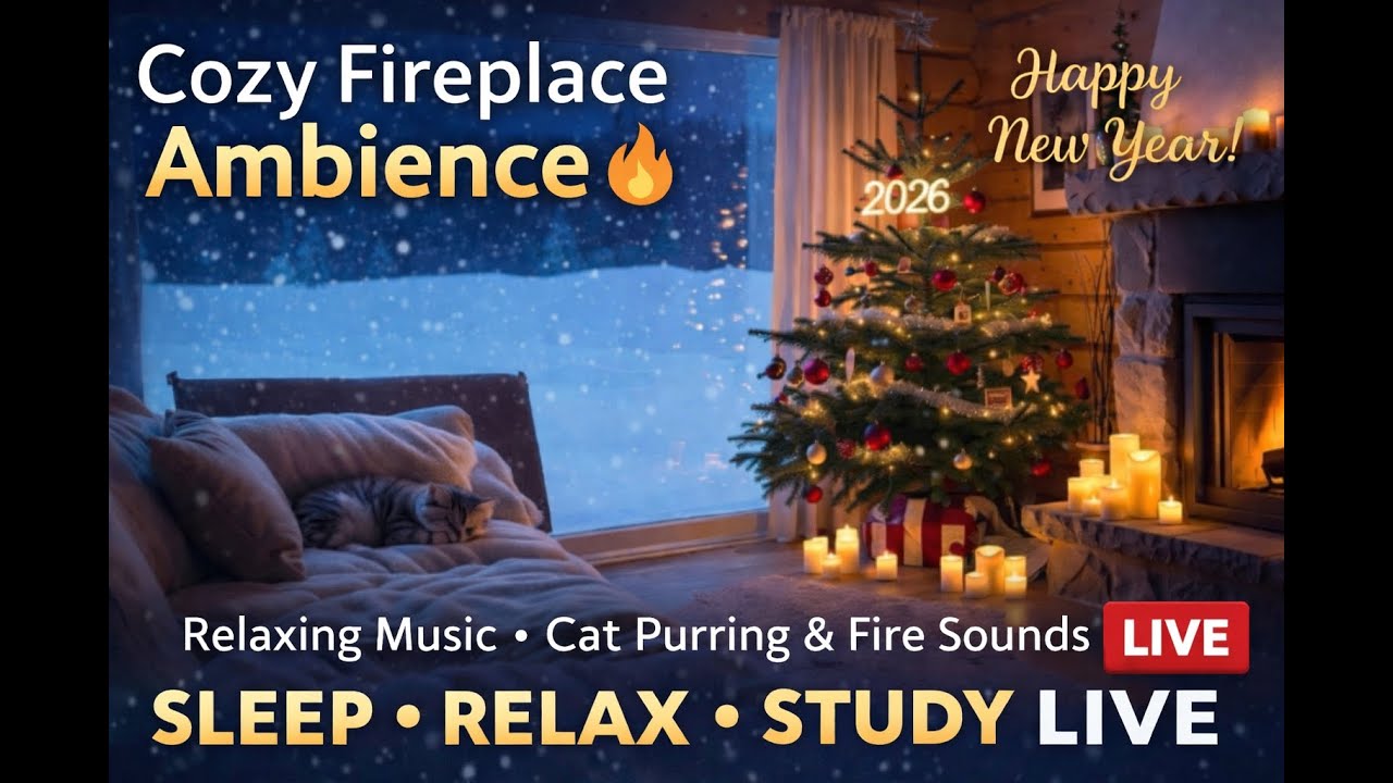 🔴 LIVE 🎵 Cozy Fireplace Ambience 🔥 Relaxing Music, Cat Purring & New Year Night | Sleep • Relax