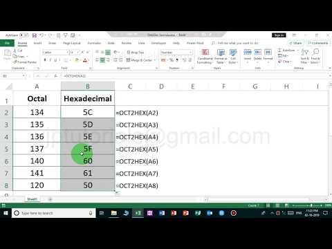 Oct2Hex function example in excel