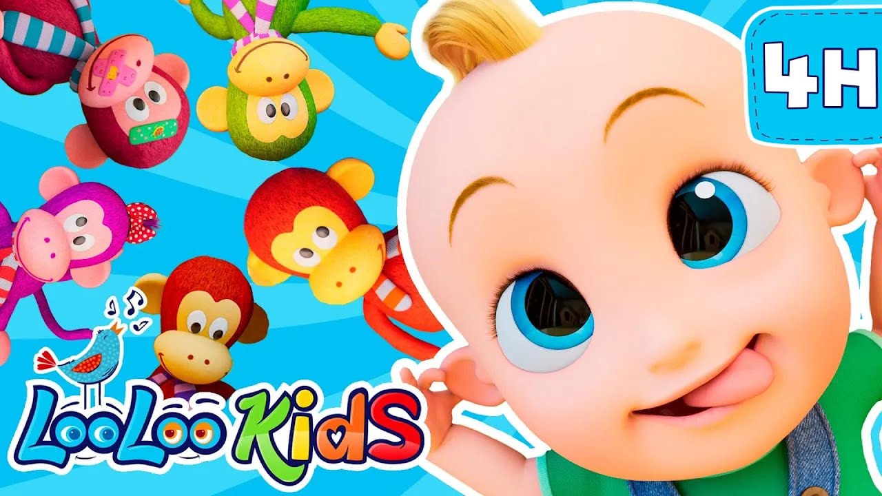 🐵 Five Little Monkeys & 4 Hour Nursery Rhymes in 4K | LooLoo Kids TV Songs