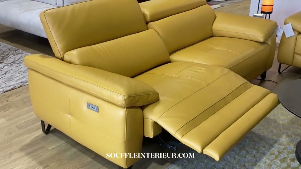 Canapé relax electrique 3 places cuir jaune haut de gamme design moderne contemporain - Pauline
