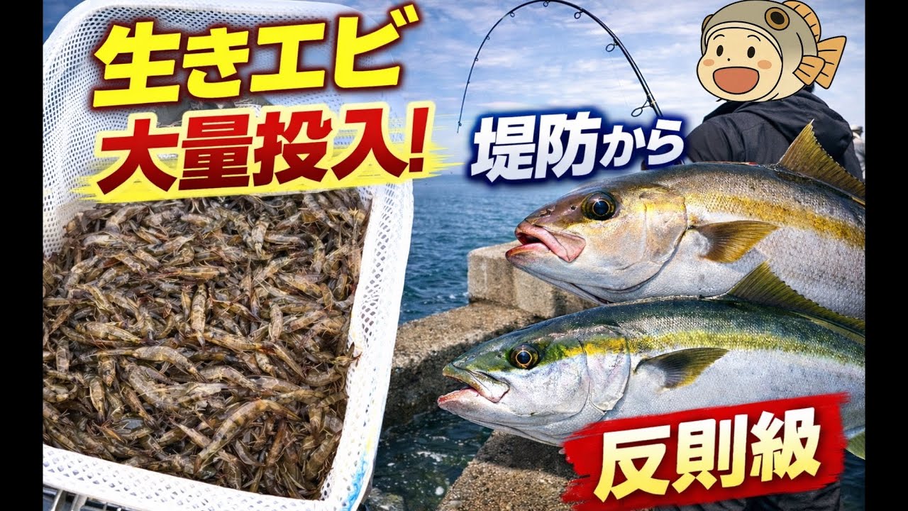 反則？有名釣り施設で生きたエビを大量に撒いたら堤防から青物が簡単に釣れる⁉︎